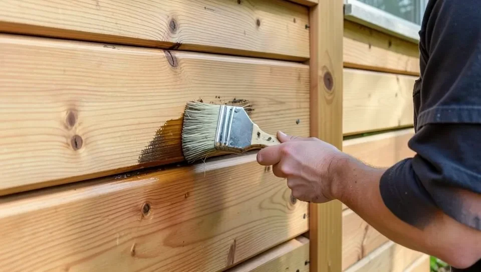 Applying stain to cedar cladding with a brush