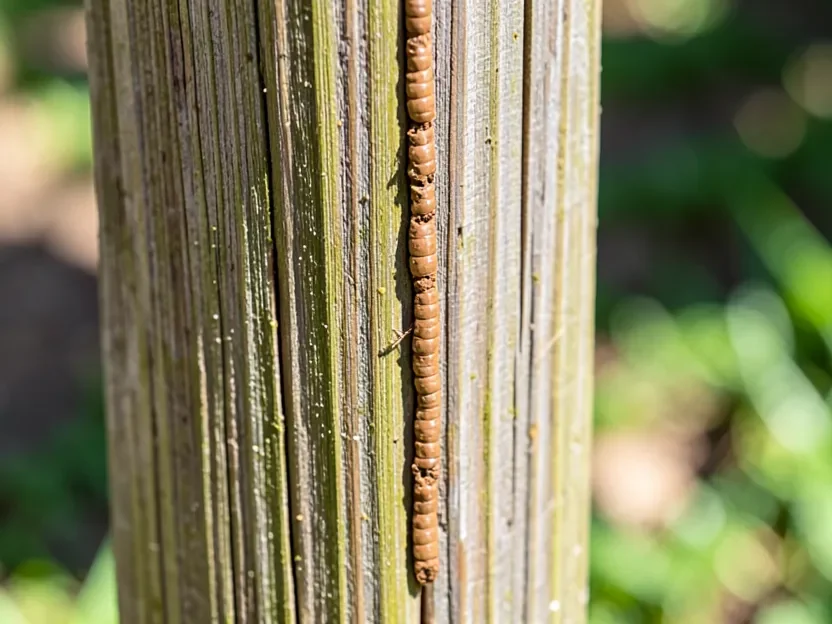 A thin mud tube built by subterranean termites running up a wooden deck post