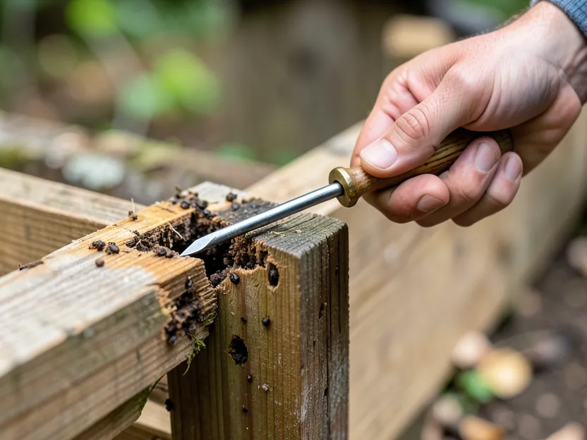 A hand tapping a wooden beam with a screwdriver handle to test for hollow termite damage