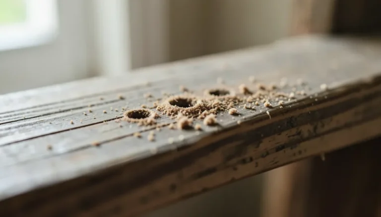 Close-up of small termite exit holes and frass on a weathered wood beam