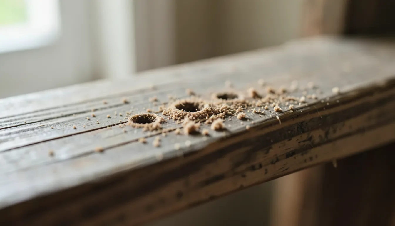 Close-up of small termite exit holes and frass on a weathered wood beam