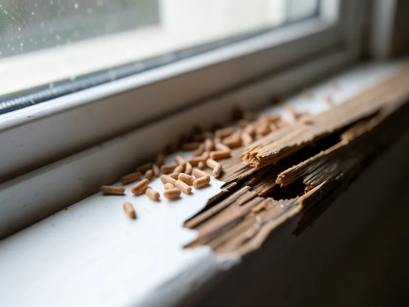 Close-up of tiny wood-colored termite droppings on a windowsill next to damaged wood