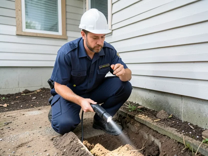 Professional pest control inspector examining a home foundation for termite activity