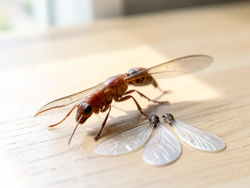 Macro photo of a winged termite swarmer next to its shed wings on a wood floor