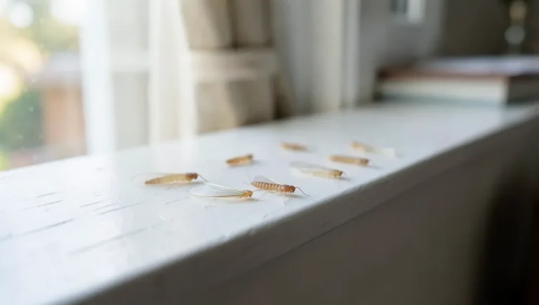 Discarded termite swarmer wings scattered on a windowsill, a sign of a nearby active colony