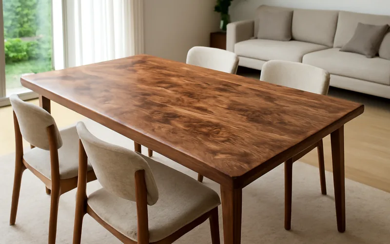 Walnut dining table with burl grain Walnut wood dining table with visible burl figure grain in a modern living room