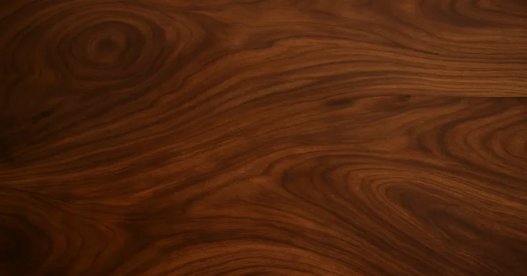 Close-up of polished dark walnut wood showing rich swirling grain patterns