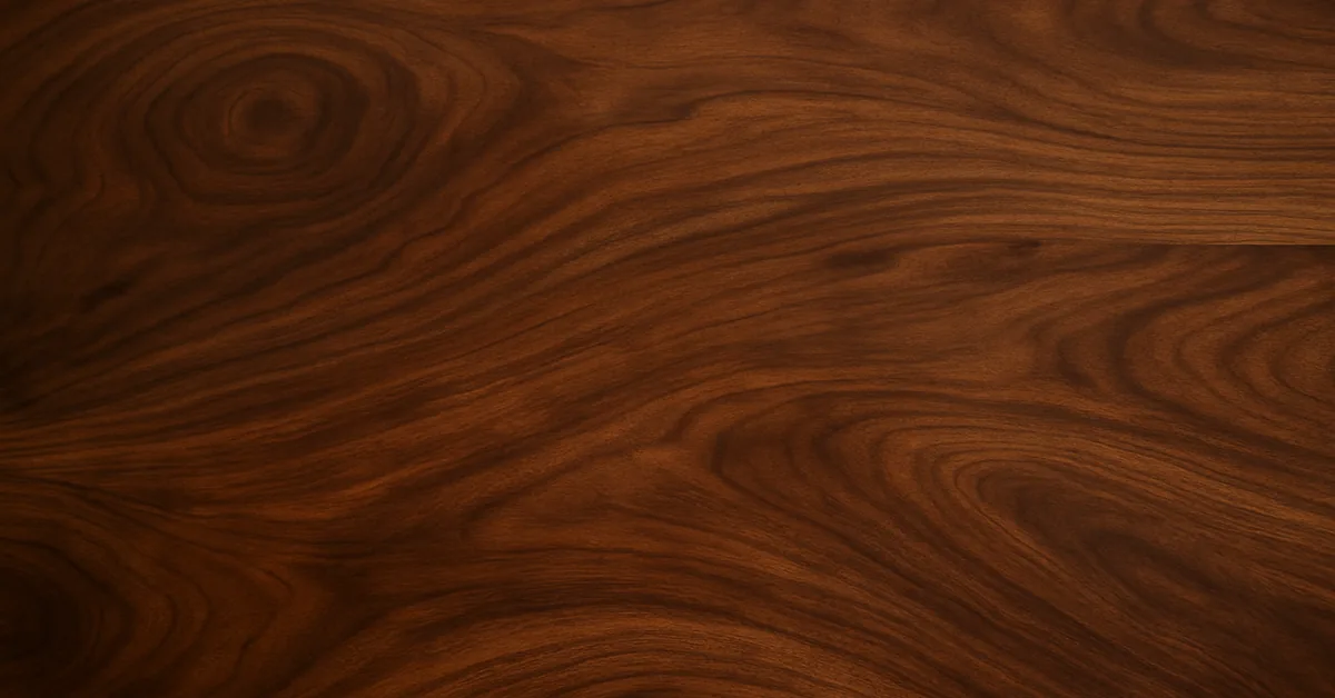 Close-up of polished dark walnut wood showing rich swirling grain patterns