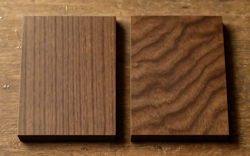 Walnut grain type comparison Straight-grain walnut sample beside a wavy figured walnut sample for comparison