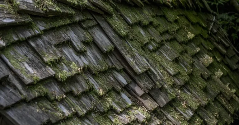 Weathered cedar shingle roof with moss growth and warped shingles needing repair