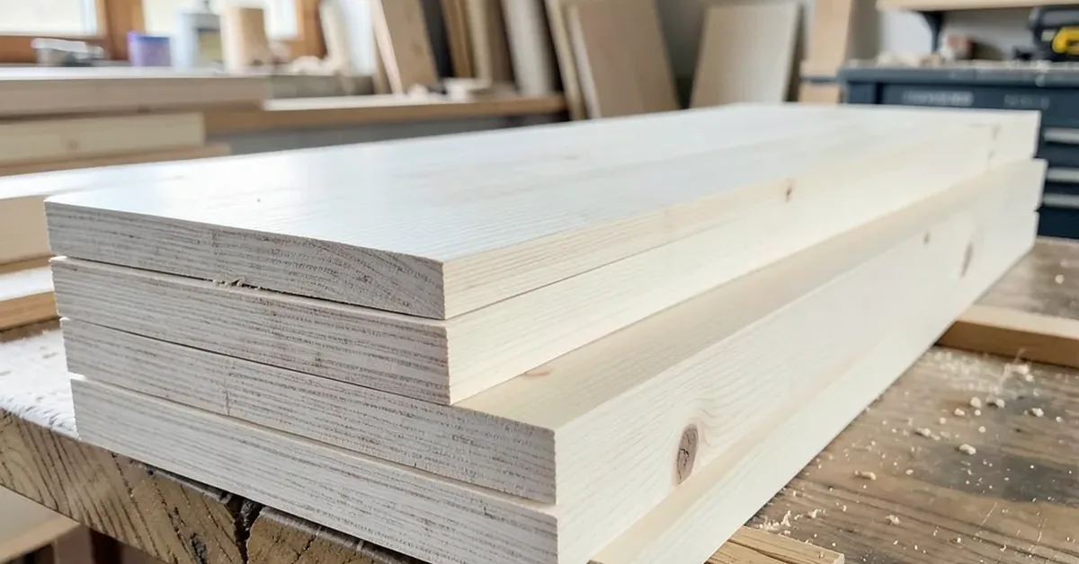 Stacked white pine lumber boards with pale straight grain in a workshop Stacked white pine lumber boards with pale straight grain in a workshop