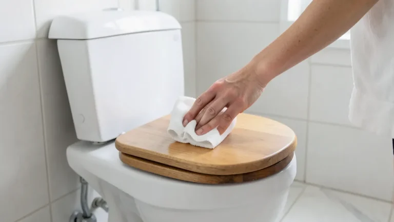 Wiping a wooden toilet seat clean with a soft cloth