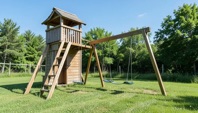 A wooden backyard swing set with a small clubhouse tower