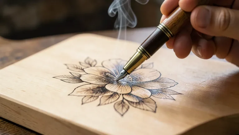 Wood burning pen creating a detailed floral pyrography design on basswood
