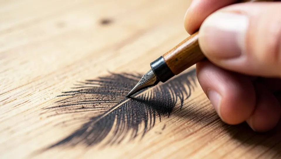 Shading a detailed feather texture into wood with a fine wire nib tip