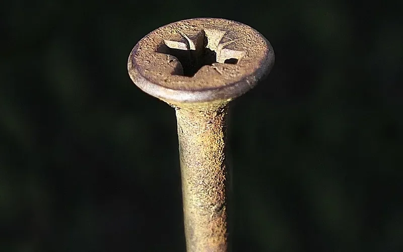 Close-up of a rusty wood screw with a worn, rounded-out Phillips drive