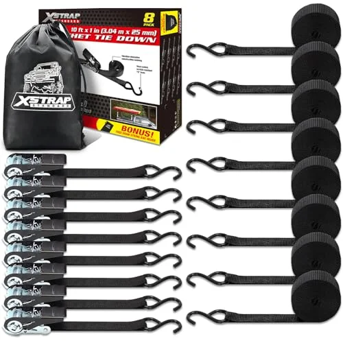 XSTRAP 8-pack ratchet tie-down straps with coated S-hooks