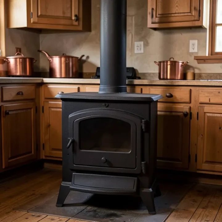 Vintage black cast iron wood burning cook stove in a rustic farmhouse kitchen