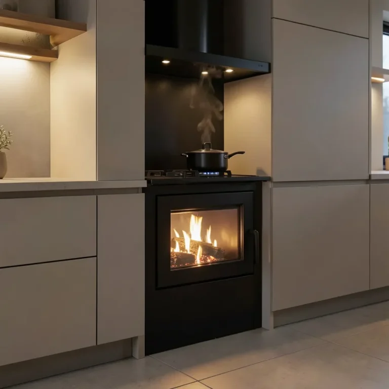 Modern kitchen with a sleek wood burning cook stove and a pot simmering on top