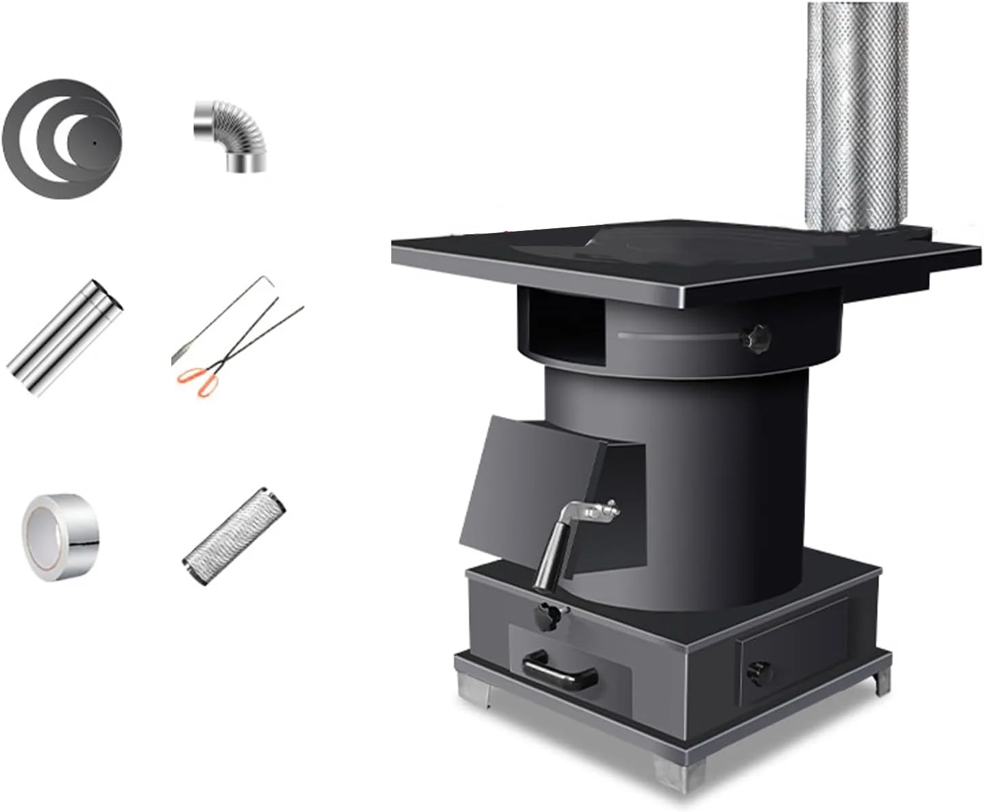 Small wood burning cook stove with oven and chimney pipes