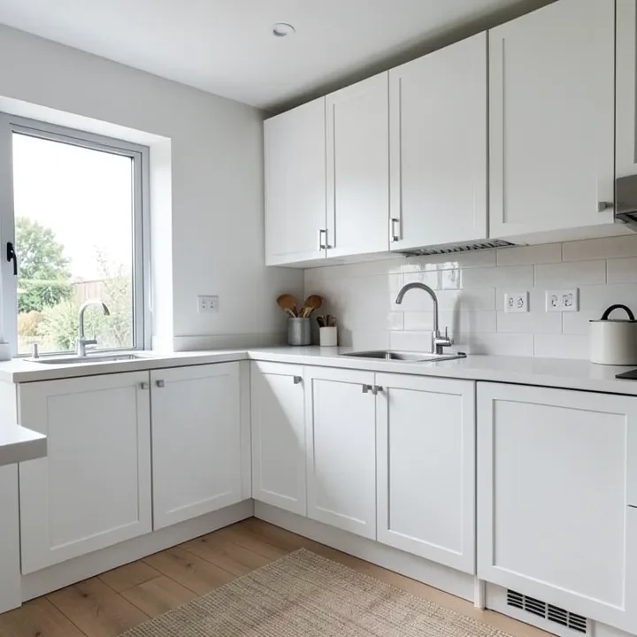 Kitchen with painted MDF cabinets and a window open for ventilation