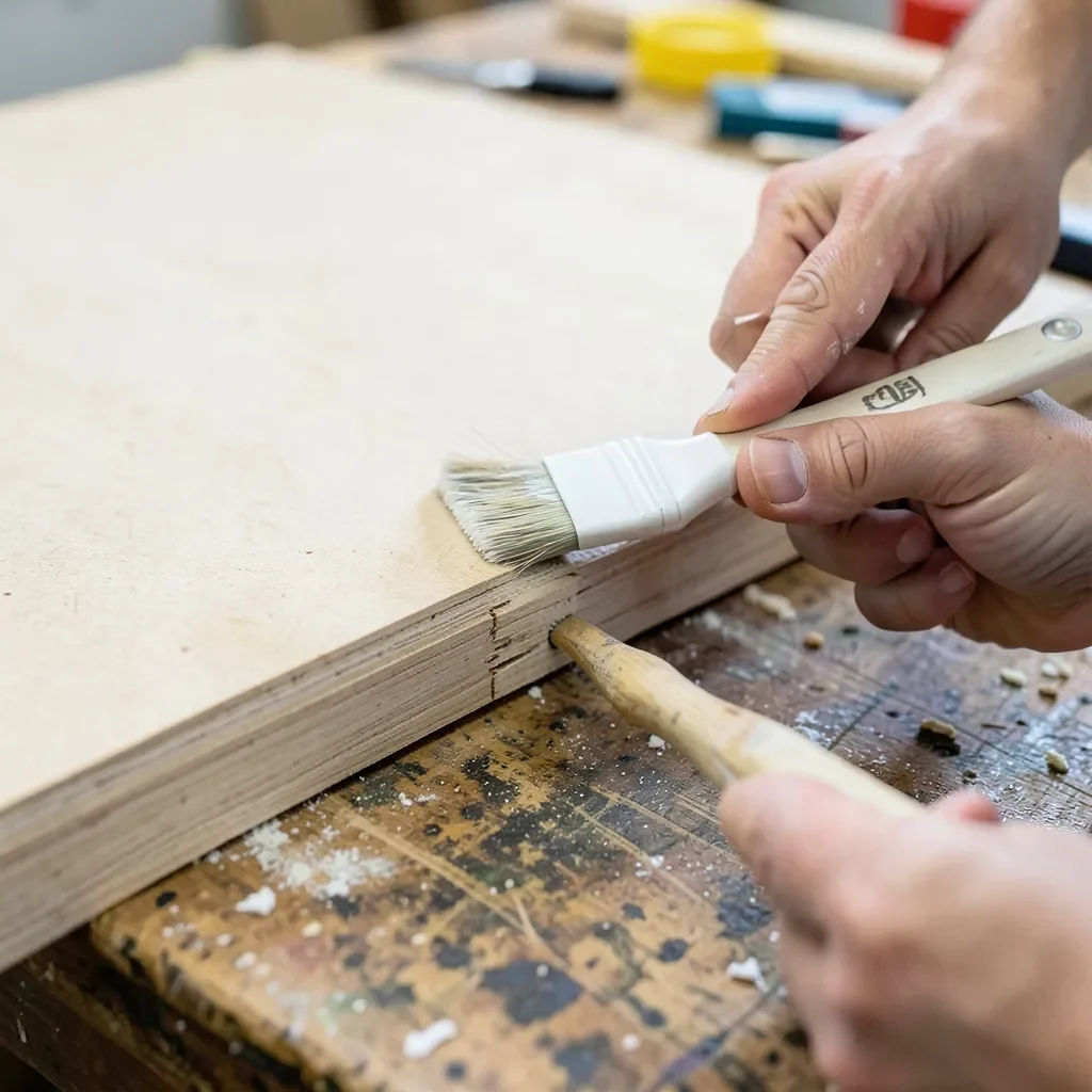 Sealing the raw cut edge of an MDF cabinet door with a brush