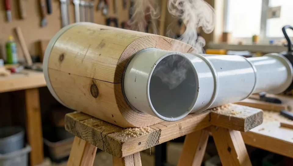 Homemade PVC pipe steam box used for steam bending ash wood, with steam venting from a joint