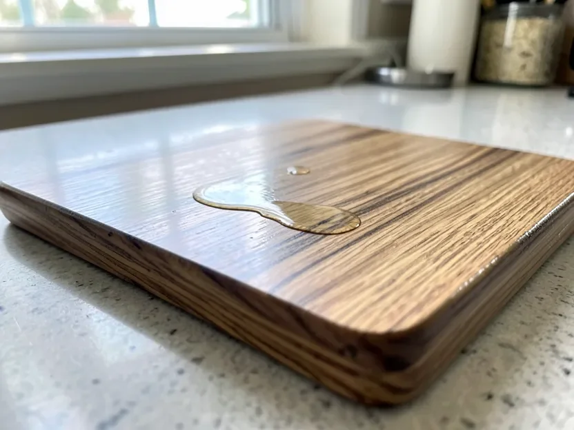 Sealed ash wood cutting board with a bead of water rolling off the finished surface