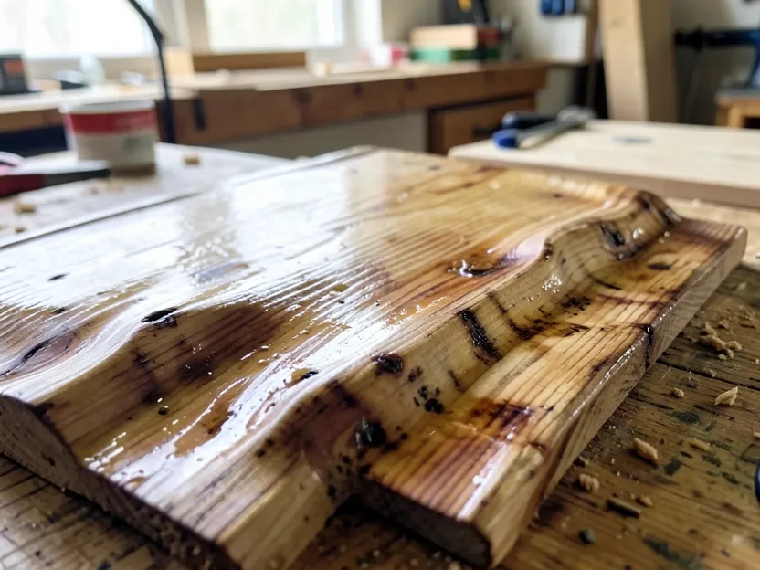 Wooden board showing warping and cupping caused by water damage