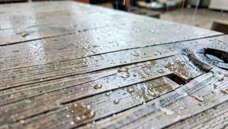 Raw ash wood plank with visible open grain being exposed to rain