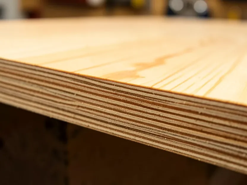 Close-up of cabinet-grade plywood edge showing multiple veneer layers