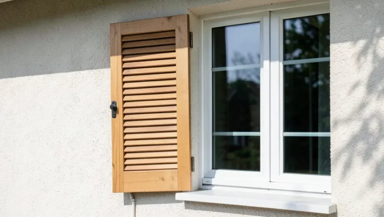 Natural cedar wood louvered shutters mounted on a house exterior