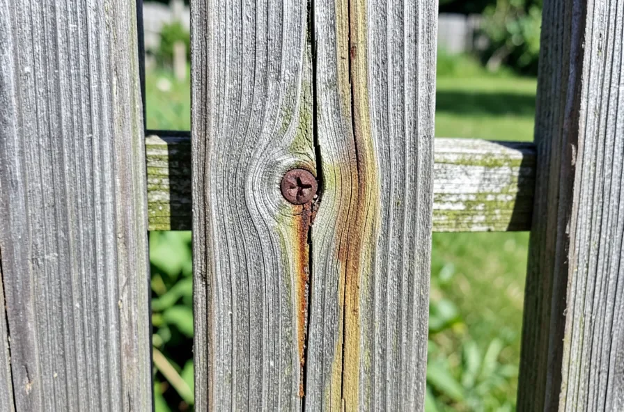 Cedar fence slat with a lengthwise crack and rust stain bleeding from a screw