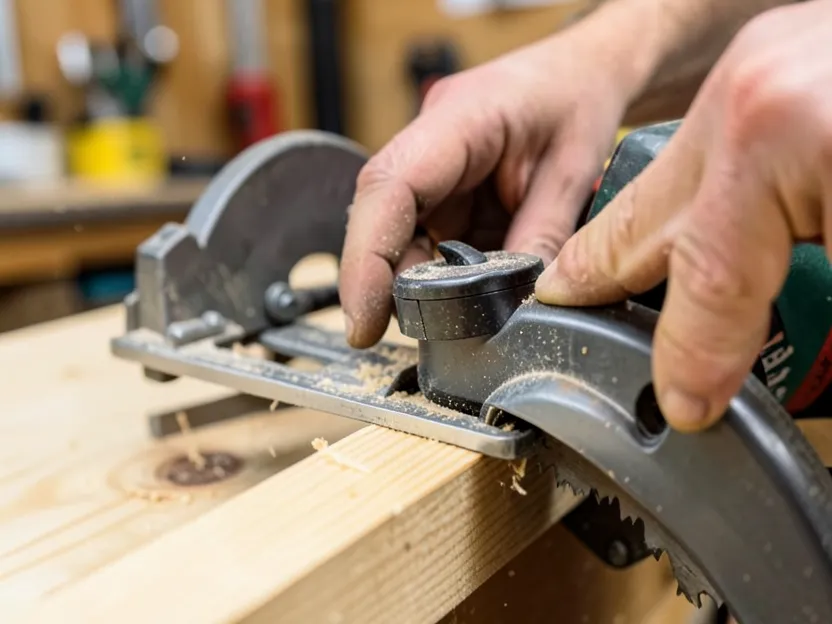 Close-up of adjusting the blade depth lever on a circular saw base plate