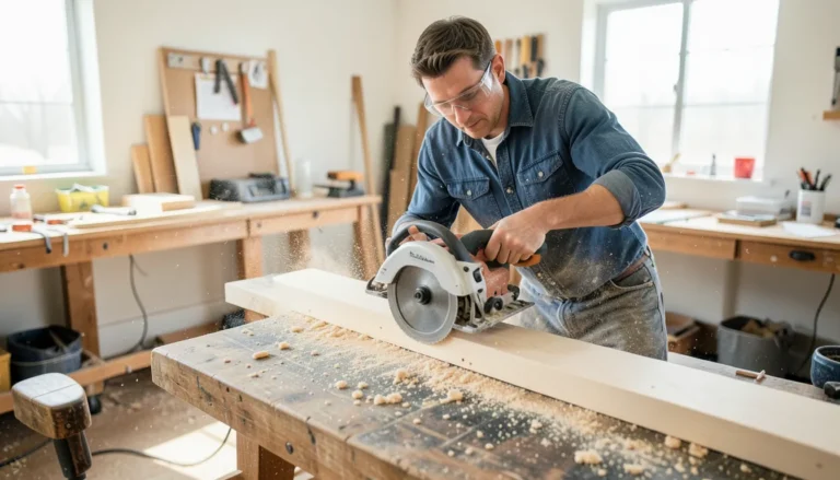 Person wearing safety glasses using a circular saw along a clamped straight edge guide