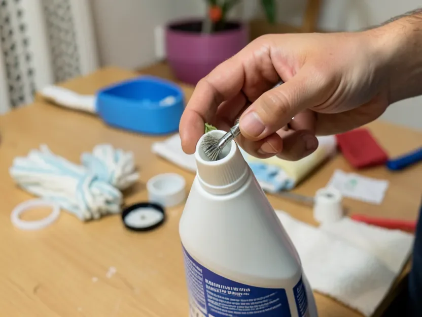 Cleaning a clogged spray mop nozzle during repair