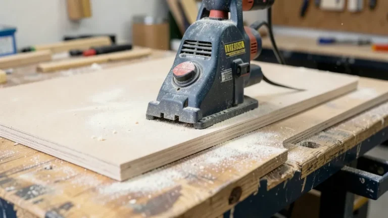 Electric hand planer producing fine powdery dust on an MDF sheet