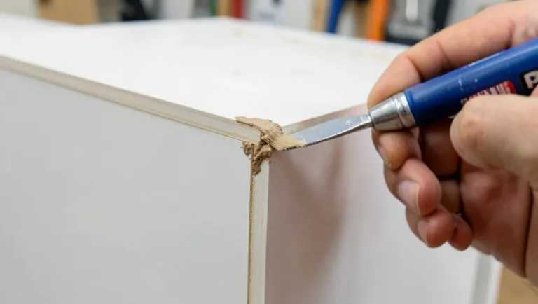 Applying wood filler to a chipped corner of an MDF panel