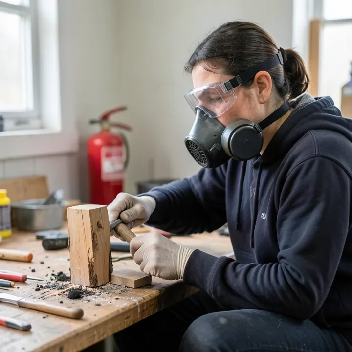 Wearing safety goggles and a respirator mask while wood burning