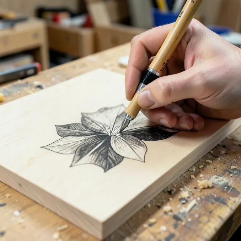 Hand using a wood burning pen to shade a detailed design on basswood