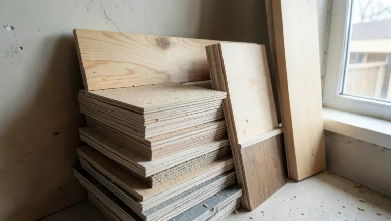 Stack of plywood, particleboard, and solid wood boards as MDF alternatives in a workshop