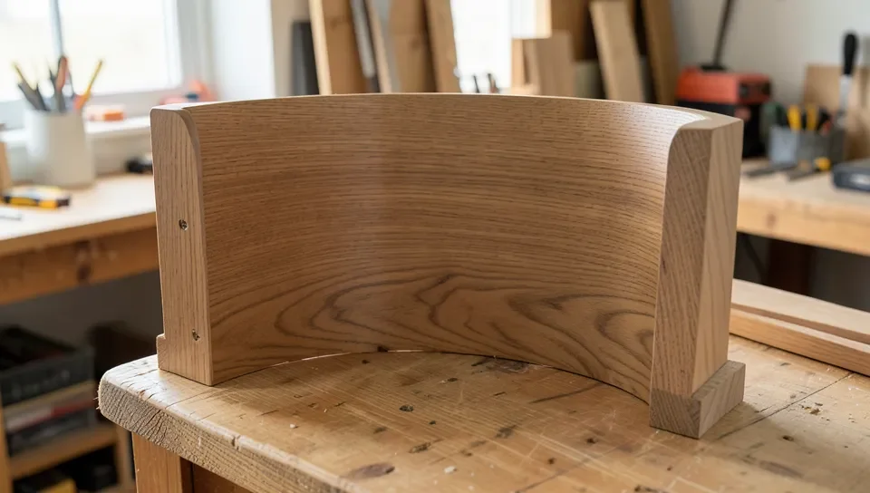 Finished curved ash wood chair back showing straight grain after steam bending