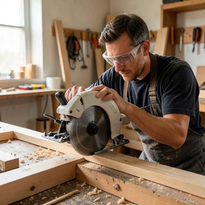 Person wearing safety glasses using a circular saw along a clamped straight edge guide