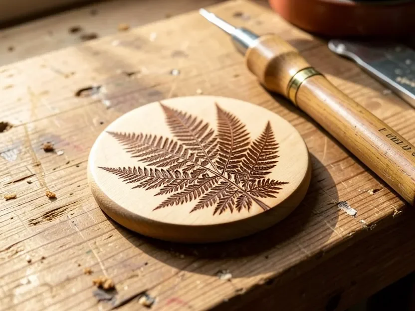 Finished pyrography wood burning fern leaf design burned into a light wood coaster