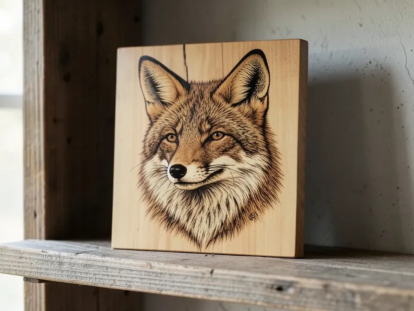 Detailed shaded pyrography wood burning portrait of a fox on a wood plaque