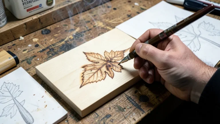 A person using a pyrography pen to burn a leaf pattern into a basswood plaque