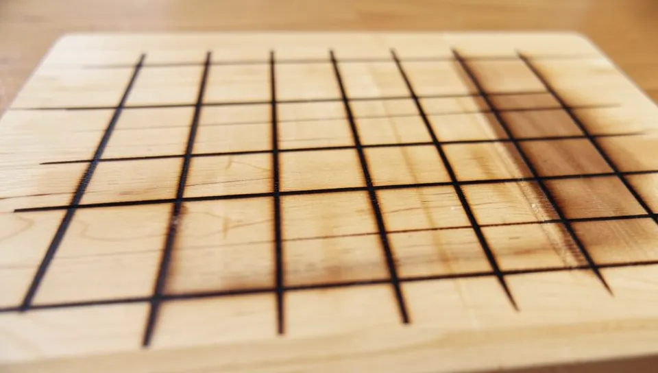 A wood burning practice board with a grid of lines at varying darkness levels