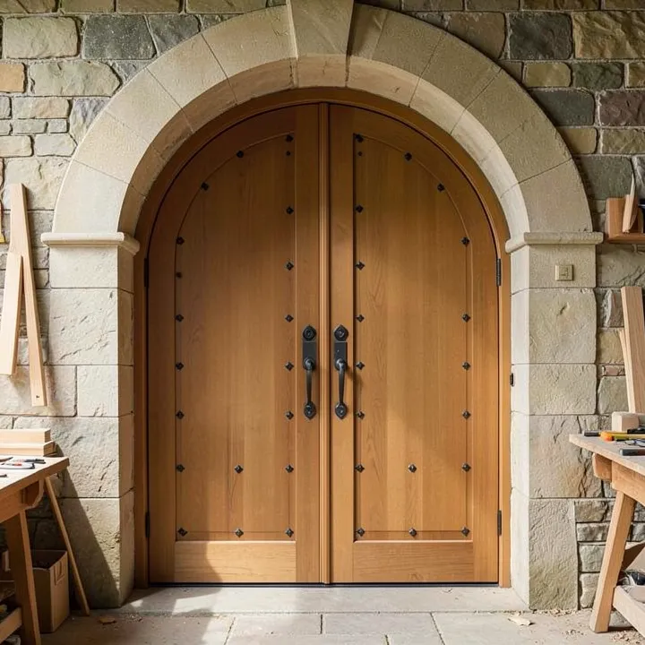 Solid teak double door with iron studs set in a stone archway, a grand main entrance Solid teak double door with iron studs set in a stone archway, a grand main entrance