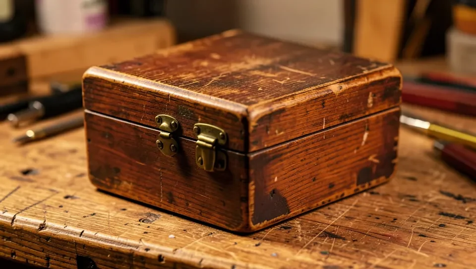 A distressed, antique-style wooden jewelry box with brass hinges