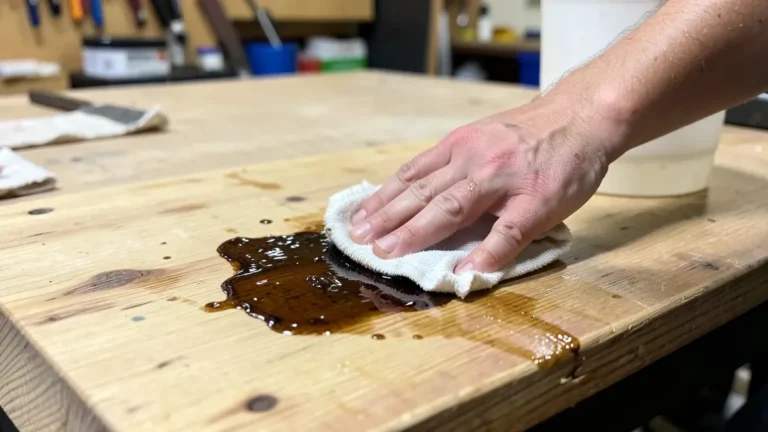 Wiping boiled linseed oil onto bare wood with a cloth rag